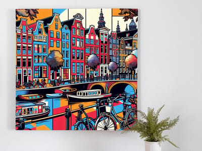 Pop art amsterdam schilderij | Amsterdamse flair: een levendige ode aan pop art cultuur | Kunst - 75x75 centimeter op Forex | Foto op Forex