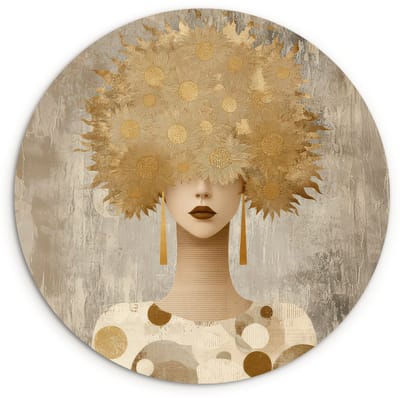 WallCircle® Wandcirkel 120x120 cm - Muurcirkel Goud - Portret - Vrouw - Muurdecoratie woonkamer - Wanddecoratie slaapkamer - Kamer decoratie accessoires - Ronde schilderijen XXL