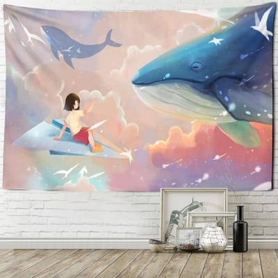 Japanse Walvis Illustratie Wandkleed Meisje Zeedraak Vis Bohemien Hippie Kawaii Tapijt Kinderkamer Decoratie 95x70cm