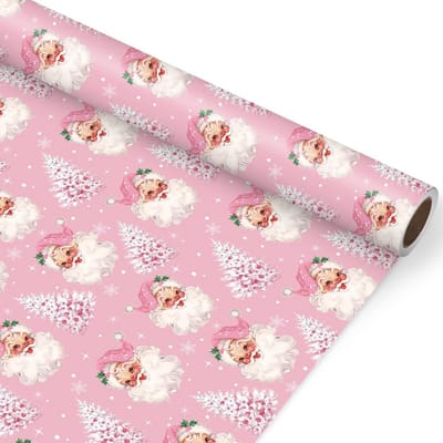 Rolo cadeaupapier 45 cm x 90 cm - Kerstboom - Kerstman - Roze - Kunstpapier - Voor knutselen en feestartikelen
