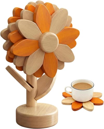 Houten Onderzetter - Tafelbeschermer Pan - Keuken Beschermen - Zonnebloem Vorm - 23 x 17 x 17 cm - Oranje