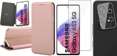 Hoesje geschikt voor Samsung Galaxy A53 - Book Case Kunstlederen Wallet Cover Minimalistisch Pasjeshouder Hoes Roségoud - Tempered Glass Screenprotector - Camera Lens Protector