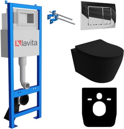 LAVITA® Inbouwreservoir Complete Toiletset LAV 101 - Inbouw WC Hangtoilet Wandcloset PRAIA BLACK Zwart Mat - Bedieningsplaat 200.1.2 Chroom - Voorwandelement voor toilet 40cm - Installatiesysteem