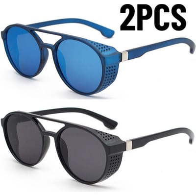 2PCS Lunettes de Soleil Style Steampunk Gothique Classique Hommes Femmes Designer Style Classique Forme Ronde Verre Coloré Lunettes de Soleil Classiques Protection UV400 gray