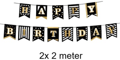 Happy birthday slinger - Verjaardagsslinger - Letterslinger decoratie - Birthday banner - 2x 2m - Zwart met goud / Black and gold - Feestversiering - Verjaardagsfeestje - Jonyx