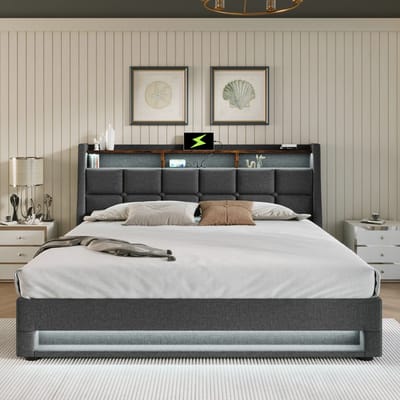 VVBV Gestoffeerd Bedframe 140x200 cm - LED-Verlichting, Lattenbodem, Voor Kinderen/Tieners - Metaal/Linnen - Zonder Matras