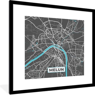 Fotolijst incl. Poster - Melun - Frankrijk - Plattegrond - Kaart - Stadskaart - 40x40 cm - Posterlijst