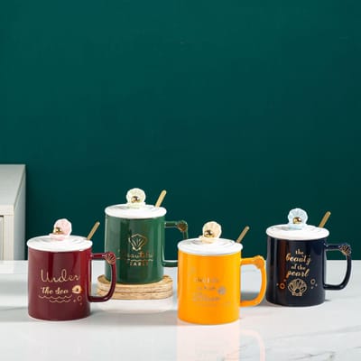Schelp Parel met Deksel Lepel Keramische Kop Kleurglazuur Zakelijk Geschenk Huishoudset Scandinavische Stijl Mok 400ML white