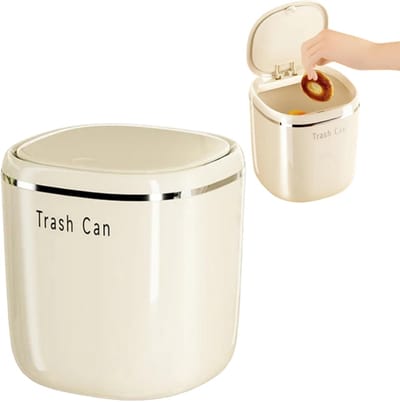 Bureauprullenbak met deksel - eenvoudig te gebruiken met drukknop om te openen en te sluiten - mini-opbergbakje voor de badkamer - schoonmaakbakje voor op kantoor - 13,5*13,5*14 cm - geschikt voor thuis en op kantoor - gebroken wit