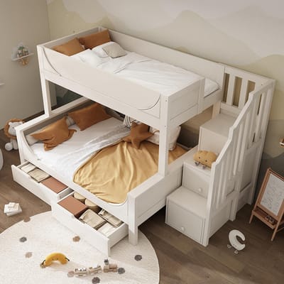 Pugsdrly Stapelbed voor kinderen met ladder en lades, elegant ontwerp in de vorm van een slee, houten bed met veiligheidshek en lattenbodem, tweepersoonsbed 90 x 200 cm boven, 140 x 200 cm onder, wit (zonder matras)