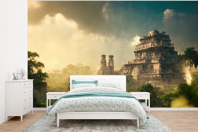 Behang - Fotobehang Tempel - Jungle - wolken - Lucht - Natuur - Breedte 320 cm x hoogte 240 cm