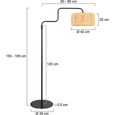 Zwarte Vloerlamp Bloeba 4171ZW van Steinhauer - Draaibaar, Uitschuifbaar, Metaal met Seagrass Kap Ø40cm, Verstelbaar van 150 tot 165 cm voor Binnengebruik