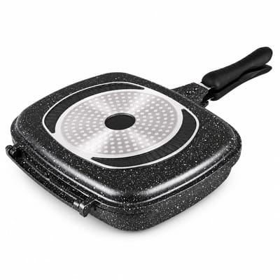 Royal Swiss® Dubbele Grillpan 32 cm – Marble Antiaanbaklaag – Magnetische Sluiting – Geschikt voor Inductie, Gas & Keramisch – Dubbele Koekenpan – PFAS-vrij