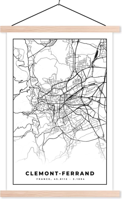 Posterhanger incl. Poster 40x60 cm - Schoolplaat - Clermont-Ferrand - Frankrijk - Kaart - Plattegrond - Stadskaart - Zwart wit - Textielposter - Blanke latten - Stadskaart