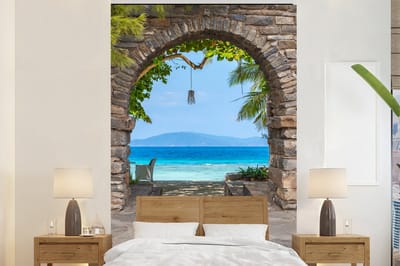 Behang - Fotobehang Strand - Zee - Tropisch - Zomer - Doorkijk - Breedte 200 cm x hoogte 300 cm