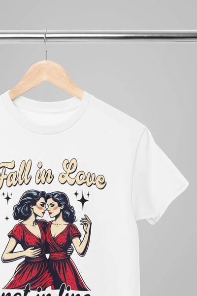 Pride shirt - Fall in love not in line - Wurban Wear | Gay pride | Pride kleding | Regenboog kleding | Pride | Pride vlag | Regenboog vlag | Regenboog | LGBTQ | LHBTI | Liefde | Transgender | Crossdress | Amsterdam | Rainbow | lgbt shirt | Wit