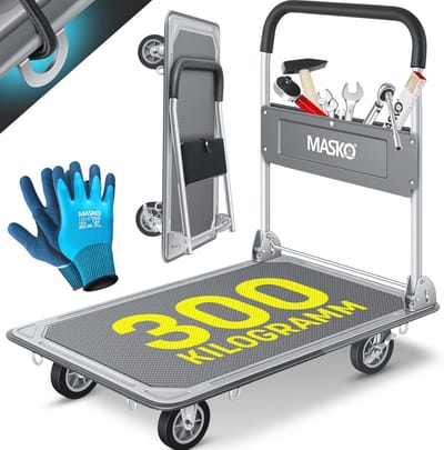 Inklapbare platformwagen met 300 kg draagkracht en 360° zwenkwielen - Multifunctionele transportwagen met veiligheidsogen en werkhandschoenen