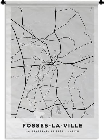 Wandkleed - Wanddoek - Stadskaart – Plattegrond – België – Zwart Wit – Fosses la Ville – Kaart - 120x180 cm - Wandtapijt
