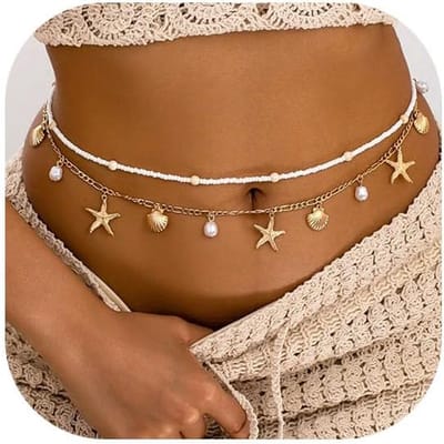 Gold, 2 stuks Verstelbare Heupketting, Bohemian Zeester Buikketting, Schelp Kralen Bikini Lichaamsketting voor Strand & Zomerfestivals