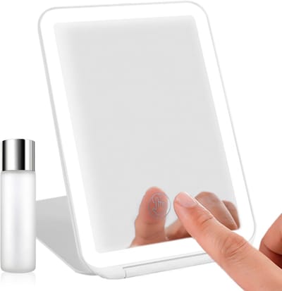 Rechargeable Table Mirror with 72 LED Lights Touch Screen Dimmable - 3 Light Colours, 125° Rotation - Foldable for On-the-Go