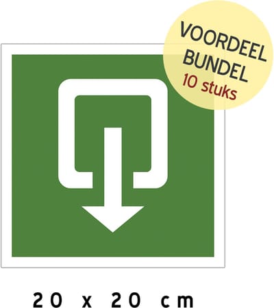Pictogram/ bord (10x) | Nooduitgang met pijl naar beneden | 20 x 20 cm | Voordeel bundel | Doorgang vrijhouden | Brand | Calamiteit | AED | Noodgeval | Eerste hulp | Noodsituatie | Pijlen | Brandweer | 10 stuks