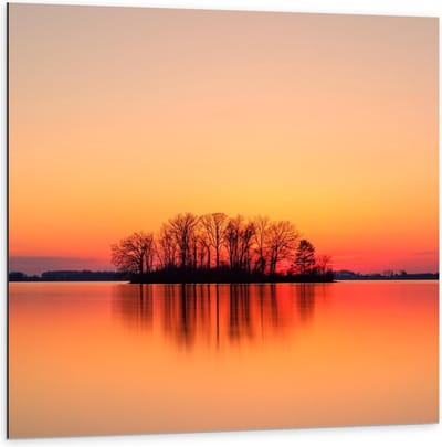 Dibond - silhouet Eilandje tijdens Zonsondergang - 100x100cm Foto op Aluminium (Wanddecoratie van metaal)