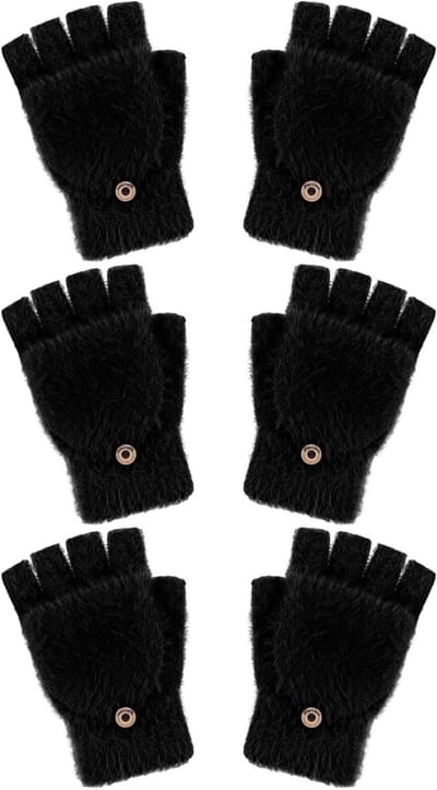 3-Pack Kinderen Vingerloze Handschoenen voor Winter - Warme Omkeerbare Wanten voor Meisjes en Tieners, Zwart, 10-15 Jaar, Ideaal voor Sport en Buitenactiviteiten