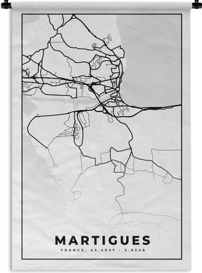 Wandkleed - Wanddoek - Kaart – Martigues - Stadskaart – Frankrijk – Plattegrond - Zwart wit - 120x180 cm - Wandtapijt