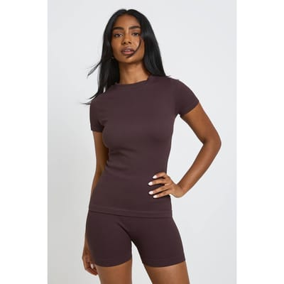 boohoo Dames Geribde Naadloze Cycling Short Met Contourdetails | Chocoladebruin | Maat: XS