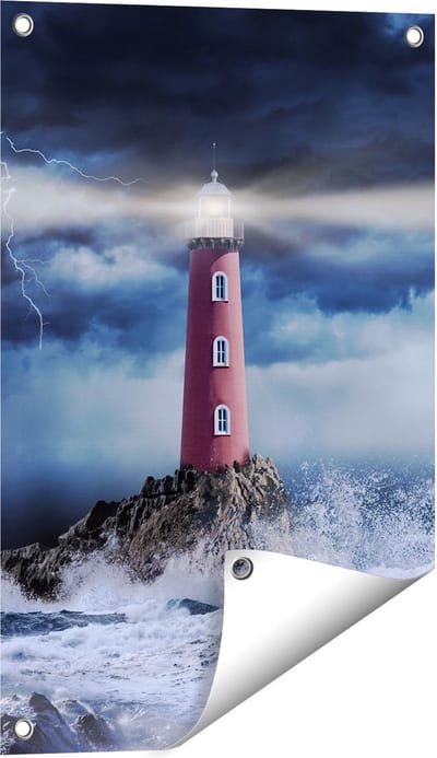 Gards Tuinposter Vuurtoren op een Storm Zee met Golfen Water - 40x60 cm - Tuindoek - Tuindecoratie - Wanddecoratie buiten - Tuinschilderij