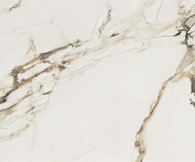 Eetkamertafel Edge keramiek Calacatta Luxe wit-goud-grijs 180-220x100 spider vlak staal RVS uitschuifbaar