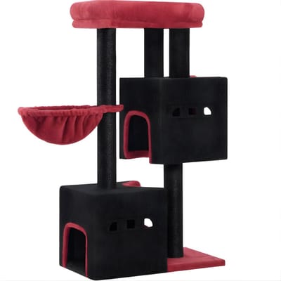 Krabpaal – Voor Katten – 98 cm Stevige Kattenkrabpaal met Groot Ligvlak, Kattenhol, Sisal Krabpalen en Mand – Zwart/Rood