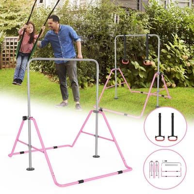 LZQ In hoogte verstelbare gymnastiekstang voor kinderen, opvouwbare rekstang, voor binnen en buiten, turntoestellen voor kinderen, indoor, gym, tuin, max. belastbaar, 140 kg, met trekring, roze