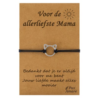 Pax Amare Armbandje met Schattig Katje "Voor de allerliefste Mama" - Vriendschapsarmbandje Cadeau - BFF Armband Cadeau - Zwart & Zilverkleurig
