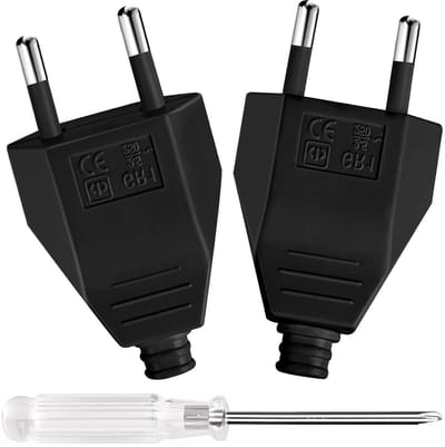 Set van 2 Eurostekkers, 250V 2.5A, platte veiligheidscontactstekker voor 8-10mm kabel, IP44, duurzaam en breukvast (Zwart)