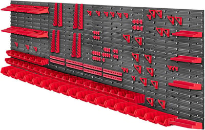 KADAX Gereedschapswandrek, groot, 232 x 78 cm, opslagsysteem van robuust kunststof, uv-bestendig modulesysteem, uitbreidbare wandplaten, werkplaatsrek voor garage (rood, 132 stuks)