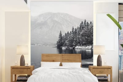 Behang - Fotobehang Water - Winter - Natuur - Dennenboom - Breedte 160 cm x hoogte 220 cm
