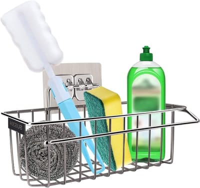 2 in 1 Zelfklevende Keukensink Organizer zonder Boren, RVS Sponshouder en Keuken Organizer voor Spons, Theedoek en Borstels