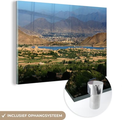 ® Glasschilderij 180x120 cm - Schilderij acrylglas - Uitzicht op Kabul tussen de bergen - Foto op glas - Muurdecoratie woonkamer - Wanddecoratie slaapkamer - Schilderijen