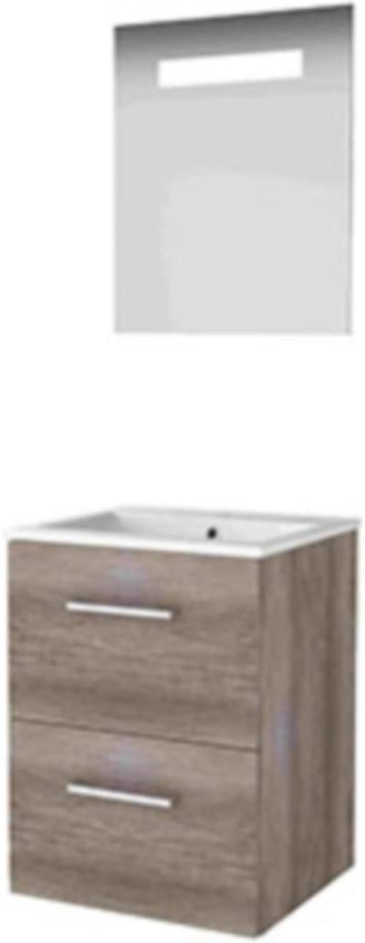 Basic-Line Economic 46 Badkamermeubelset - 50 x 46 cm - Met Grepen - 2 Lades - Keramische Wastafel - 1 Kraangat - Spiegel met LED Verlichting - Scotch Oak