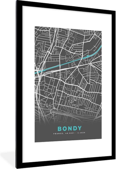 Fotolijst incl. Poster - Bondy - Frankrijk - Plattegrond - Kaart - Stadskaart. - 80x120 cm - Posterlijst