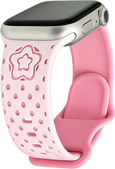 Stravo Dubbellaags Siliconen Dames Bandje met Uitgesneden Sterpatroon – Zacht & Lichtgewicht – Geschikt voor Apple Watch 46mm (Series 11/10), 45mm (Series 9/8/7), 44mm (Series 6/5/4, SE 3/2/1), 49mm (Ultra 3/2/1) – Lichtroze / Roze