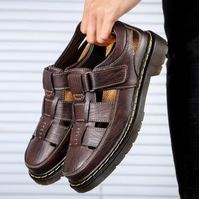 Echt Leer Heren Platform Casual Sandalen Gesloten Teen Klittenband Grote Maten Herenschoenen 41 gray