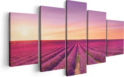 Artaza Canvas Schilderij Vijfluik Paarse Lavendel Bloemenveld - 100x50 cm - Wanddecoratie Woonkamer - Schilderijen - Muurdecoratie