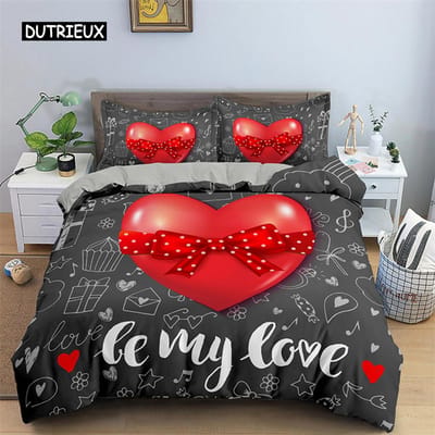 Romantische Liefde Hart Dekbedovertrek Valentijnsdag Beddengoed Set Microfiber 3D Print Dekbedovertrek King Queen Voor Jongens Meisjes Tiener Decor EU single(135x200cm)
