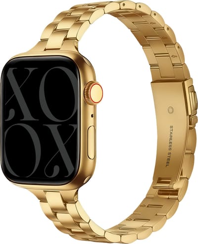 xoxo Wildhearts fijn stalen bandje (goud) - geschikt voor Apple Watch bandje - Series 1/2/3/4/5/6/7/8/9/10/11/SE - 38/40/41/42mm - RVS metalen schakelbandje met vlindersluiting - Smalle stalen band - iWatch steel strap - Horlogeband - Goud