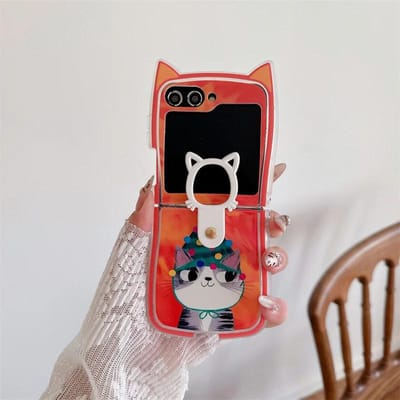 Voor Samsung Galaxy Z Flip 6 5 4 3 Hoesje ZFlip6 Z Flip6 ZFlip 6 Schattige Kerst Kat Hanger Lanyard Kattenoren Schokbestendige Hoes For Z Flip 5