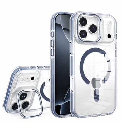 Blijvend Transparante MagSafe Telefoonhoes – Shockproof Back Cover met Camera Bescherming & Ingebouwde Standfunctie – Blauw – Geschikt voor iPhone 17
