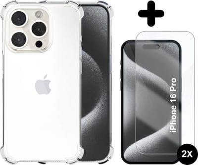 Hoesje geschikt voor iPhone 16 Pro Transparant - 2x screenprotector - beschermglas screen protector- Anti Shock hoesje case