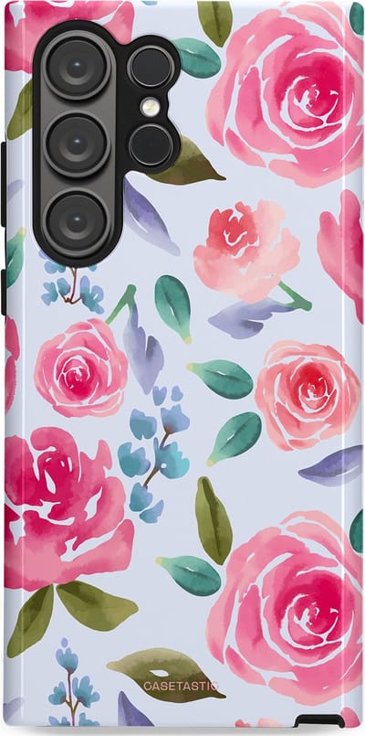 Casetastic hoesje geschikt voor Samsung Galaxy S23 Ultra - Dubbellaagse bescherming - Aquarel Bloemendroom - Fashion Case - Lichtblauw Lichtroze